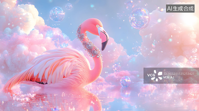 【AI数字艺术】火烈鸟在湖中游泳的特写镜头图片素材