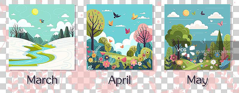 春季框架日历，展示不同的风景图片素材