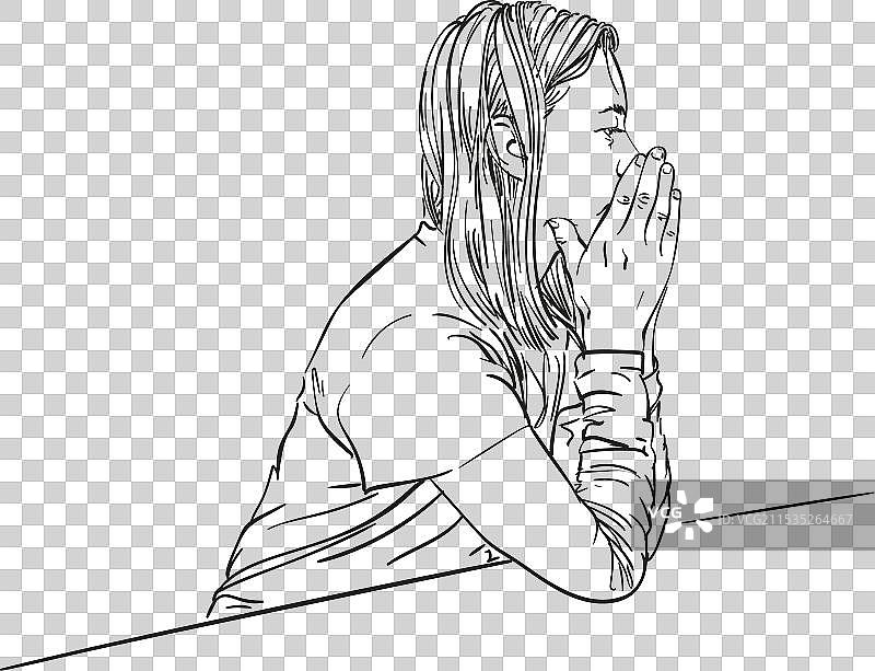 女人坐着，认真思考，双手交叉。图片素材