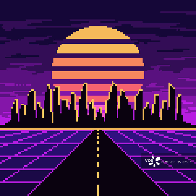像素风格的霓虹高速公路，背景是城市和太阳图片素材