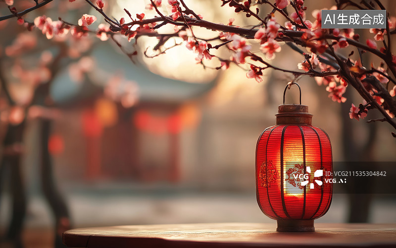 【AI数字艺术】传统风格节庆插画梅花与灯笼图片素材