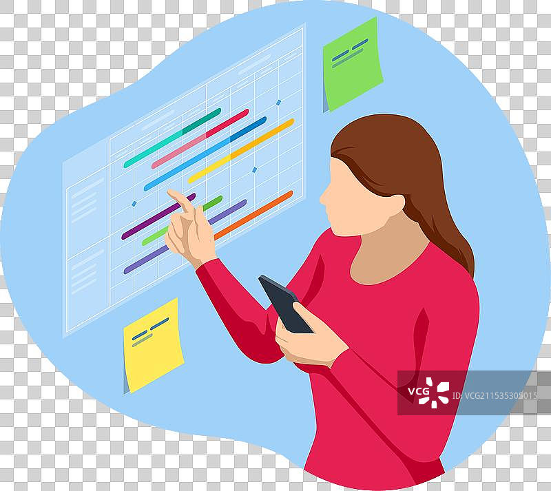 等距图的项目经理正在更新任务和图片素材