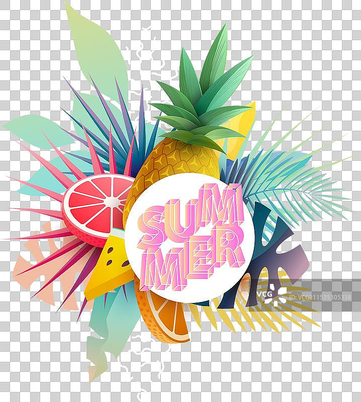 圆形横幅上装饰着水果和热带叶子图片素材