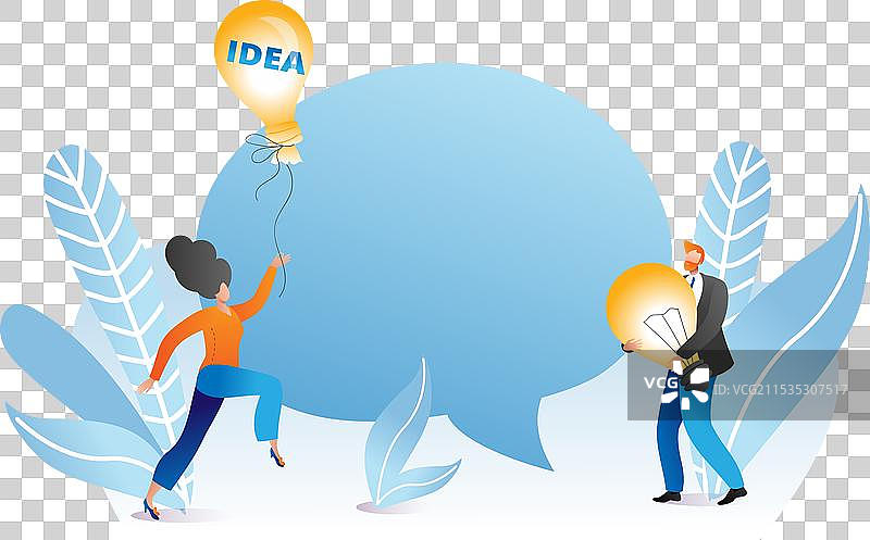 女人手持气球，上面写着“想法”，男人则携带着一个。图片素材