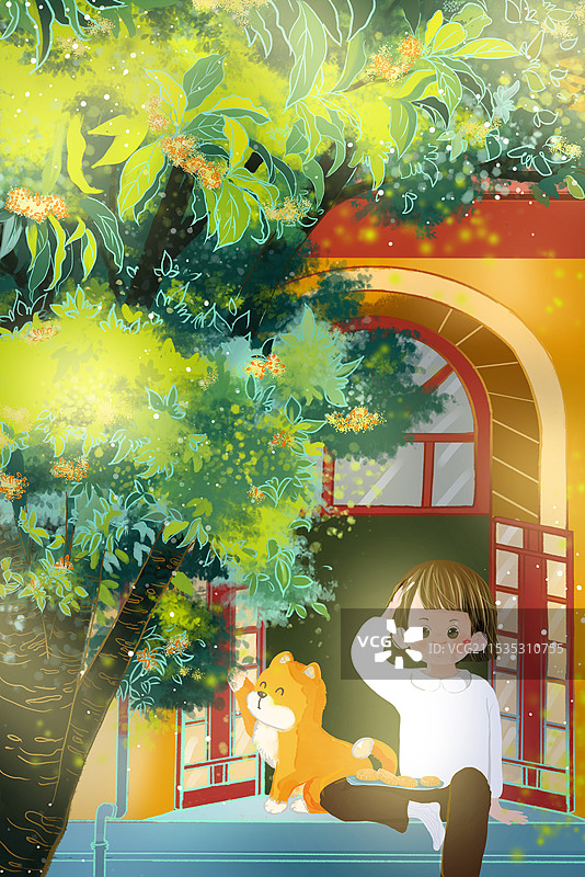 二十四节气秋分阳台窗户欣赏桂花治愈系插画图片素材