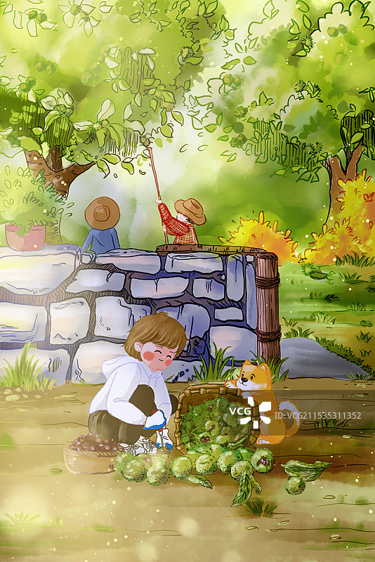 二十四节气秋天寒露打板栗童年回忆治愈系插画图片素材