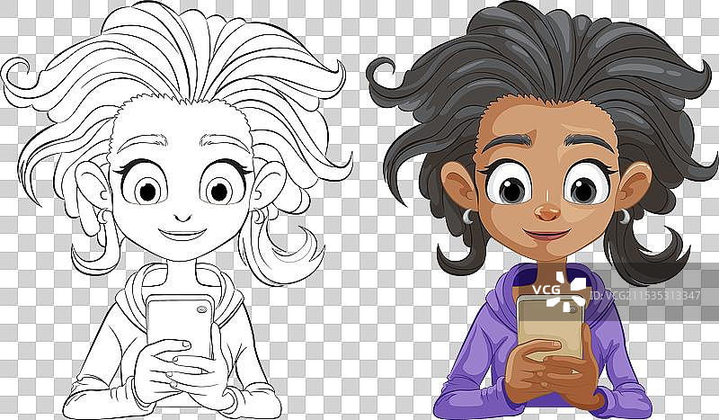 一个女孩正在使用彩色素描的智能手机图片素材