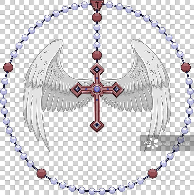 带翅膀的十字架与基督教念珠图片素材