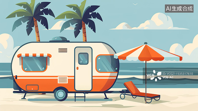 【AI数字艺术】清新扁平风海边的遮阳伞躺椅和露营拖车插画图片素材