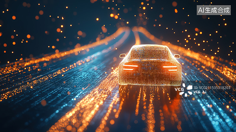 【AI数字艺术】发光科技背景下的电动汽车和无人驾驶概念插画图片素材