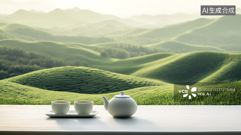 【AI数字艺术】茶园背景、茶具和茶艺茶道概念图片素材