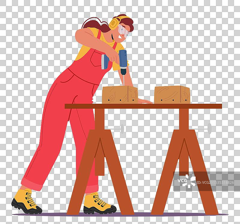 女性木匠正在使用电钻加工木材图片素材