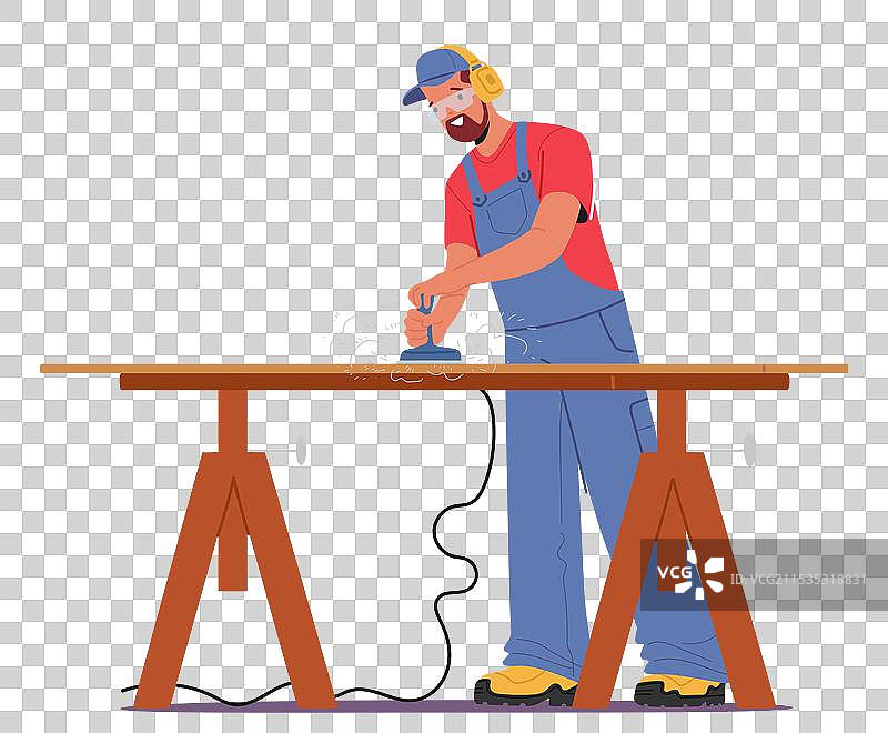 木匠熟练地在工作台上打磨木材图片素材