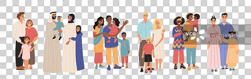 快乐的卡通家庭，来自不同国家图片素材