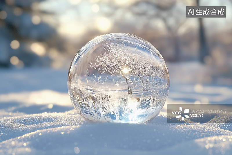 【AI数字艺术】冬天森林里的雪地上，一个透明的水晶球，里面反射出一棵被雪覆盖的树图片素材