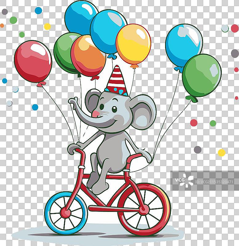 可爱的象骑着自行车，手里拿着气球图片素材