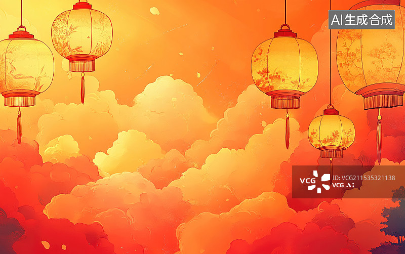 【AI数字艺术】中国春节大红灯笼海报插画图片素材
