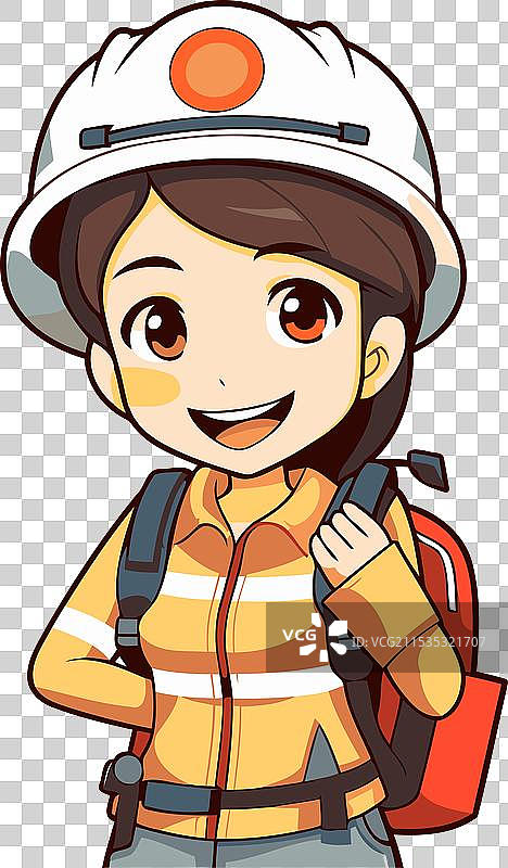 穿着头盔和制服的女消防员在白色背景上图片素材