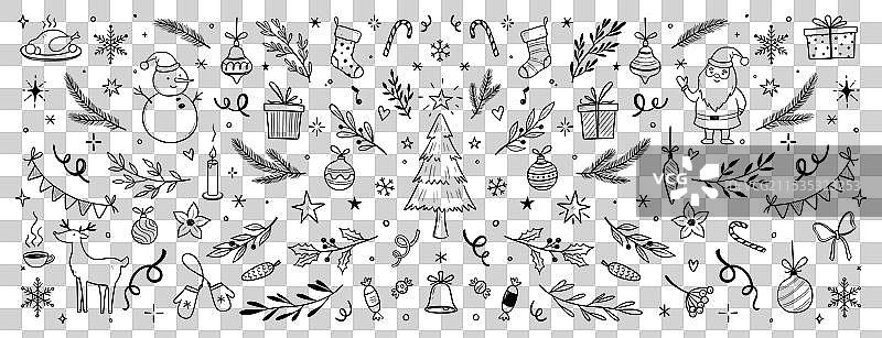 圣诞节绘制的圣诞树叶子和冬青花朵图片素材