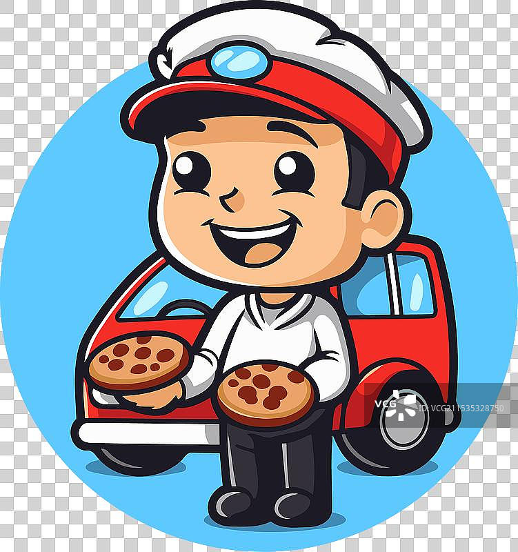戴着厨师帽的男孩手里拿着比萨和一辆车图片素材