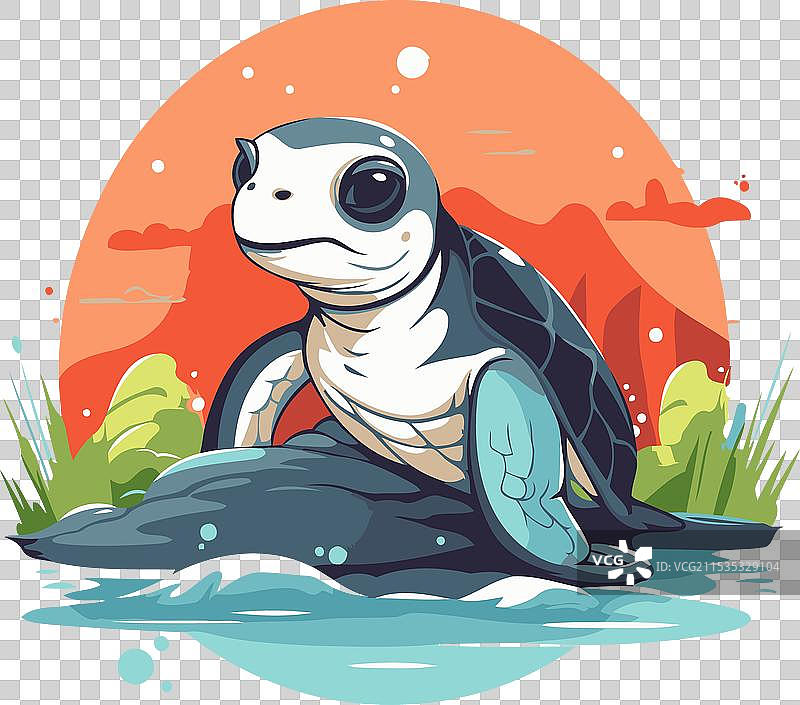 可爱的卡通乌龟坐在岩石上图片素材