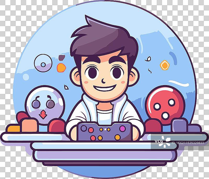 男孩以扁平卡通风格玩电子游戏图片素材