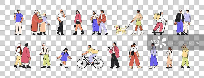 人们在街上行走，包括男性、女性和儿童图片素材