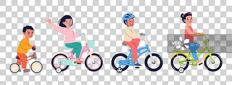 可爱的女孩们骑着自行车，笑得很开心。图片素材