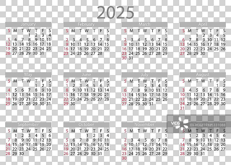 2025年日历，周日为一周的开始。图片素材