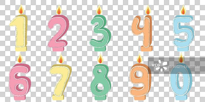 一组带有燃烧火焰的生日蜡烛数字图片素材