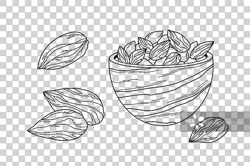 木碗里和周围放着杏仁坚果的碗图片素材