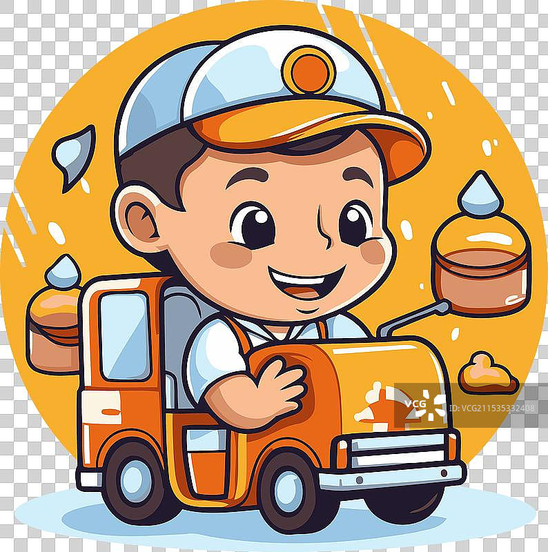 戴着帽子的可爱小男孩和玩具卡车图片素材