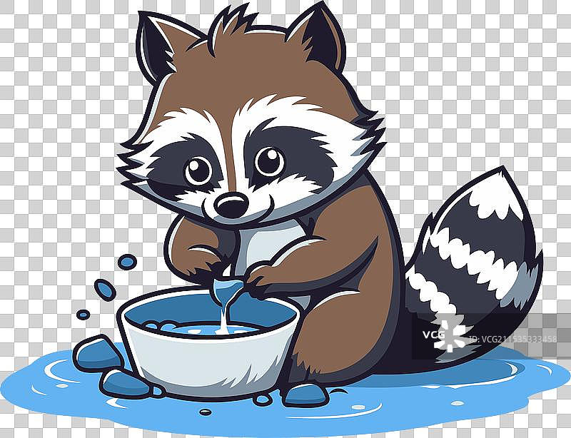 可爱的浣熊在碗里喝水图片素材