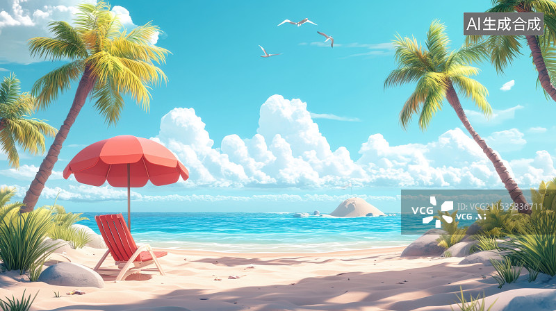 【AI数字艺术】阳光沙滩海岸度假卡通风格欢乐海滩图片素材