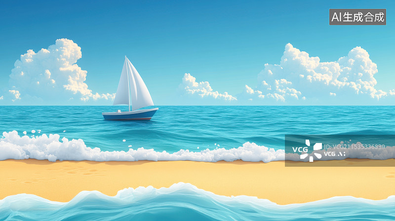 【AI数字艺术】阳光沙滩海岸度假卡通风格欢乐海滩图片素材