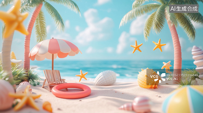 【AI数字艺术】阳光沙滩海岸度假卡通风格欢乐海滩图片素材