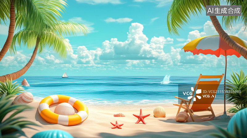 【AI数字艺术】阳光沙滩海岸度假卡通风格欢乐海滩图片素材