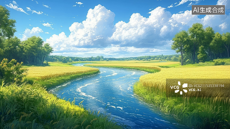 【AI数字艺术】夏日乡村户外稻田小溪河流田园风光插画图片素材