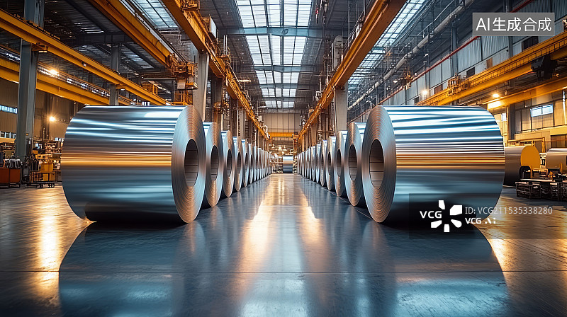 【AI数字艺术】现代工厂车间生产线上排列整齐的钢卷图片素材