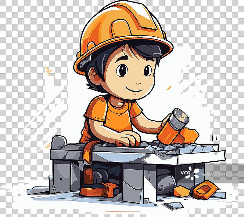 一个戴着安全帽的小男孩在砌墙图片素材