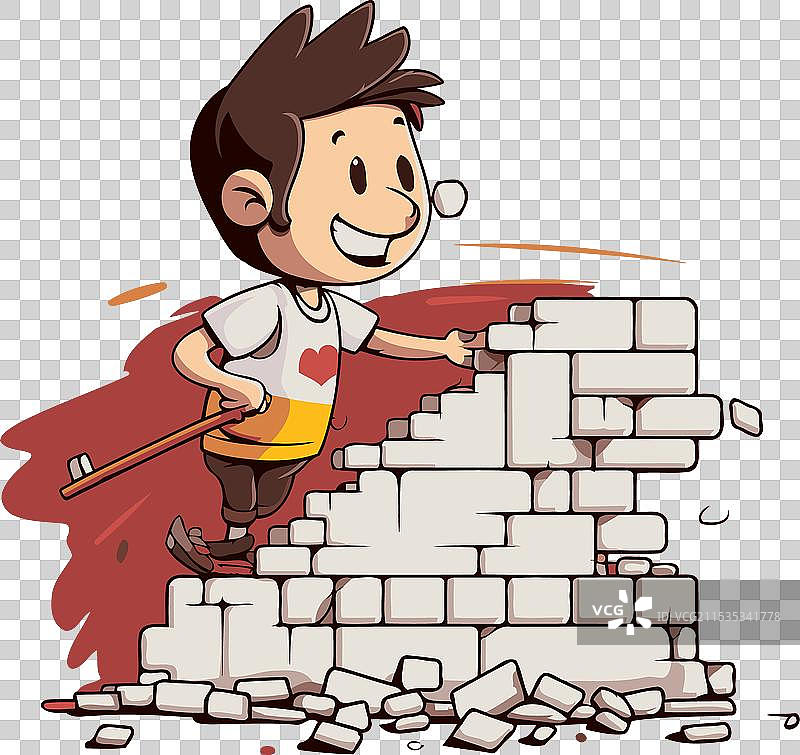 卡通男孩用锤子砌砖墙图片素材