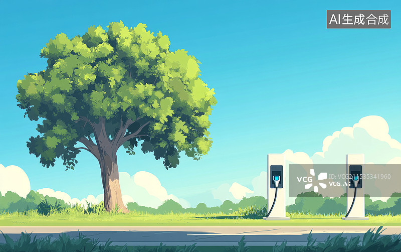 【AI数字艺术】路边的充电桩和大树图片素材