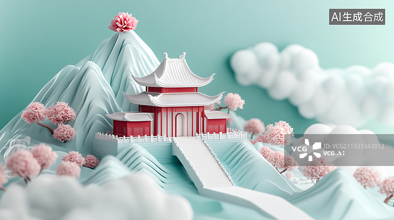 【AI数字艺术】3D浮雕中国古建筑，古老建筑，文化遗产，艺术设计图片素材