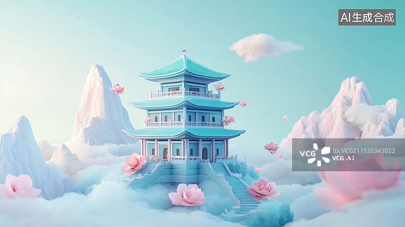 【AI数字艺术】3D浮雕中国古建筑，古老建筑，文化遗产，艺术设计图片素材