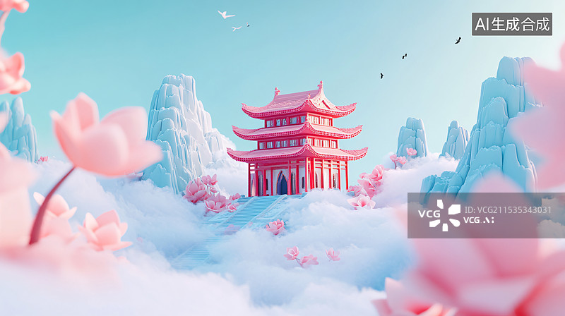 【AI数字艺术】3D浮雕中国古建筑，古老建筑，文化遗产，艺术设计图片素材