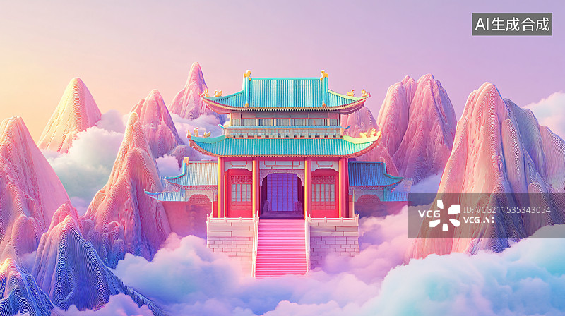 【AI数字艺术】3D浮雕中国古建筑，古老建筑，文化遗产，艺术设计图片素材