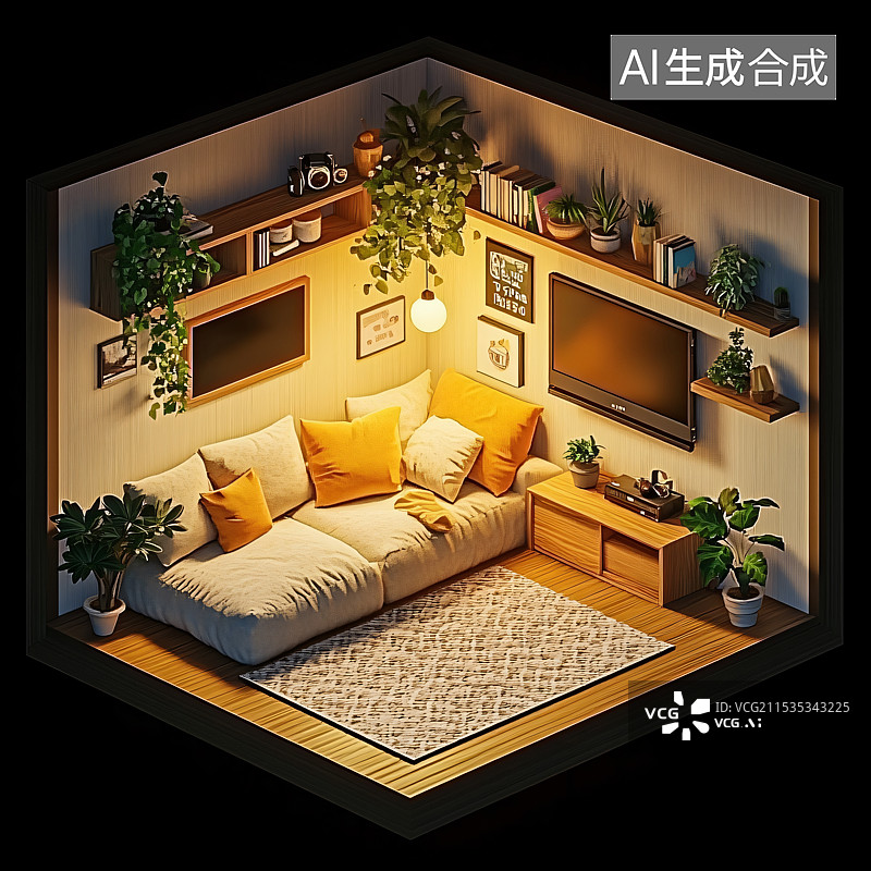 【AI数字艺术】微缩景观的房地产模型公寓，展示卧室和客厅设计，细致的装饰和家具。图片素材