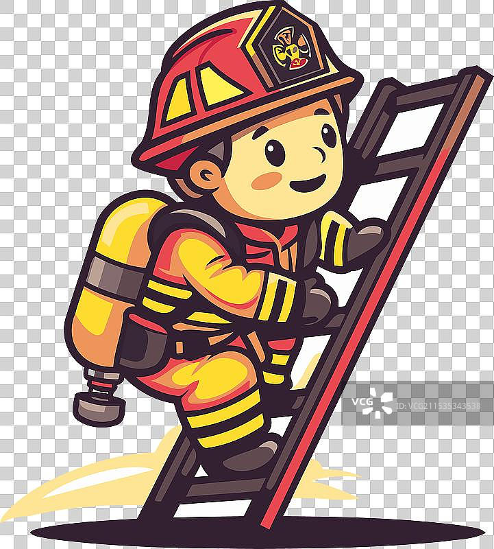 卡通消防员在梯子上攀爬，背景为白色图片素材