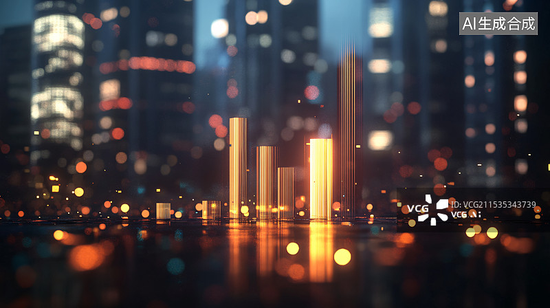 【AI数字艺术】金色柱状图展示商业增长、经济发展和股票市场趋势，背景为动态城市，突显城市进步与金融扩展。图片素材
