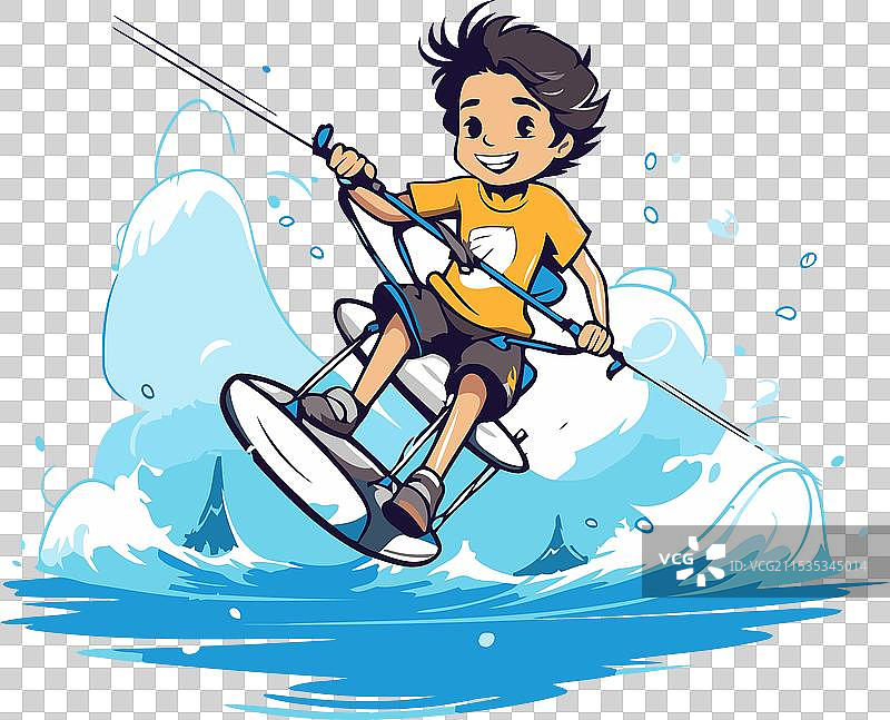 小男孩在波浪上滑水板图片素材